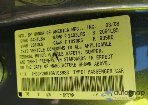 2008 Honda Accord 2.4 Ex-L from USA, damaged, VIN 1HGCP26818A106983